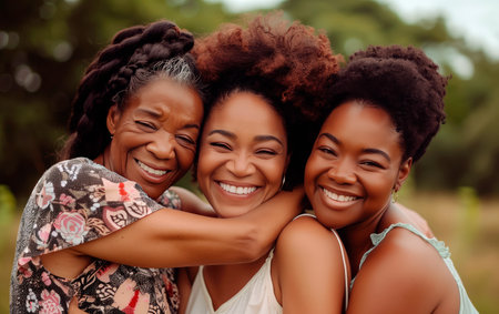 Three happy african american women embracing each other while standing outdoors.の素材