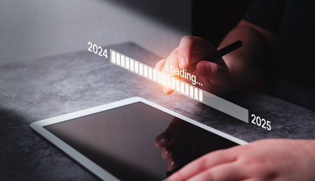 Woman use digital tablet with holographic interface for 2025 new year. New business start up. Target...