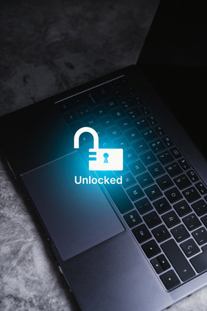 Desktop photo of laptop with futuristic interface of unlock protection. Creativity concept. Business innovation, data security and technology concept.の写真素材