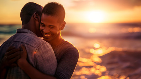 Happy african american gay couple hugging on the beach at sunsetの素材