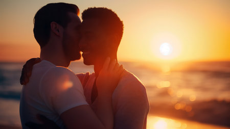 Young couple kissing on the beach at sunset. Focus on the manの素材
