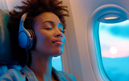 Young african american woman in headphones listening to music in airplaneの素材