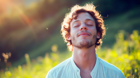Portrait of a handsome young man with closed eyes in the fieldの素材