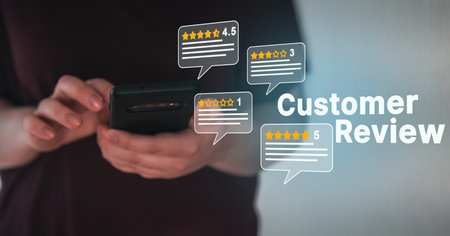 Customer satisfaction reviews concept. Woman rate service experience on mobile application. Business...