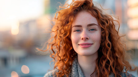 Beautiful smiling ginger woman portrait on the street.の素材