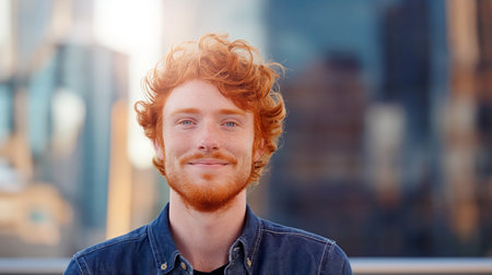 Handsome smiling ginger man portrait on the street.の素材