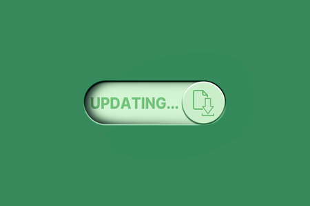 3D digital green button to switch on update for software. System engineer and programming. Software...