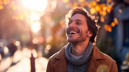 Portrait of handsome man smiling in the street.の素材