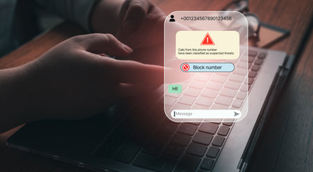Woman receives message from suspected number scam. Unwanted anonymous call. Fraud and phishing phone...