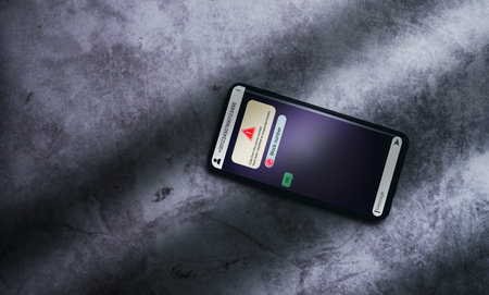Smartphone receives message from suspected number scam. Unwanted anonymous call. Fraud and phishing phone concept. Message from stranger.の写真素材