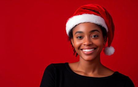 Portrait of happy black woman wearing christmas santa hat over red background.の素材