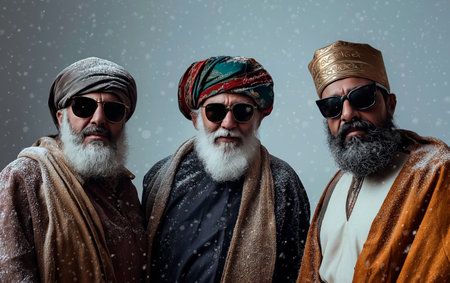 The three wise man wearing glasses on studio portrait. Merry Christmas advertisement.の素材