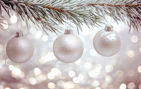 Christmas tree branch with white christmas balls on bokeh backgroundの素材