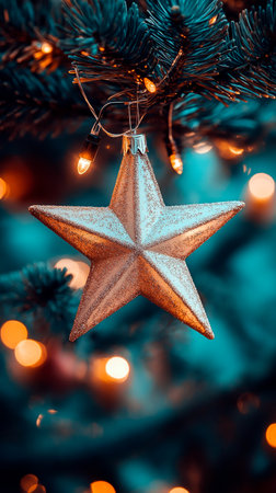Christmas decoration on a Christmas tree with bokeh lights in the backgroundの素材