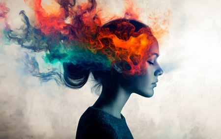 Portrait of a beautiful woman with colorful smoke in her hair.の素材