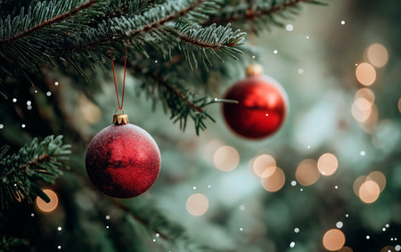 Christmas and New Year background. Christmas tree branch with red balls on bokeh backgroundの素材