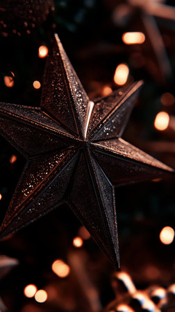 Christmas decoration. Close up of christmas star with bokeh backgroundの素材