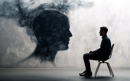 Silhouette of a young man sitting on a chair with a head in the smokeの素材