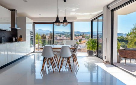 Interior of a modern house, dining room with a beautiful viewの素材