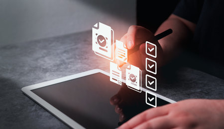 Woman use digital tablet selecting checkboxes for employment forms. Online assessments. Personal...