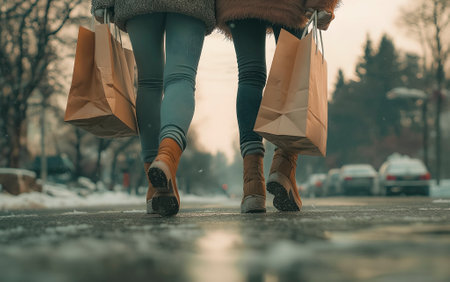 Close up of legs of young woman with shopping bags walking on the streetの素材