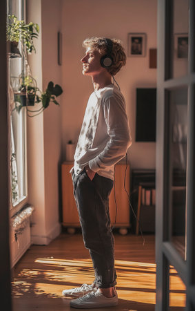 handsome young man listening to music with headphones while standing near window at homeの素材