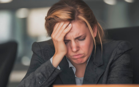 Portrait of stressed young businesswoman sitting at her desk in officeの素材