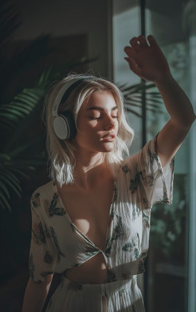 Portrait of a beautiful young woman in headphones listening to music.の素材