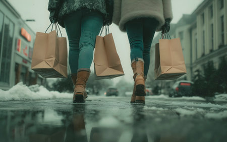 Low section of two women holding shopping bags while walking on snowy streetの素材