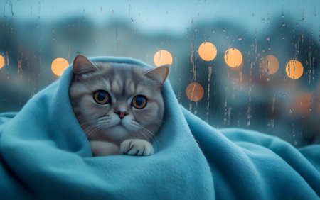 Cute little cat napping by the window on a rainy day while getting warm in a blanket. Blue Monday. Cozy home.の素材