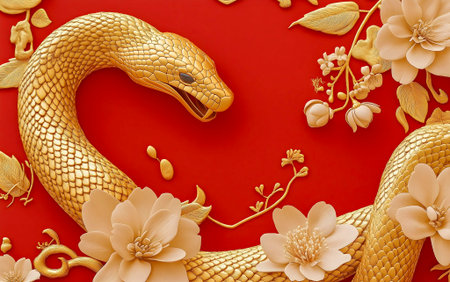 Happy Chinese New Year 2025. Golden Chinese snake with flowers and lanterns over vibrant red background for card design. Chinese zodiac lunar calendar animal. Year of the snake.の素材