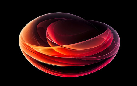 Blurred and colorful abstract translucent shapes in dark wallpaper. Glowing lights against black background for website header or social media post. Large banner.の素材