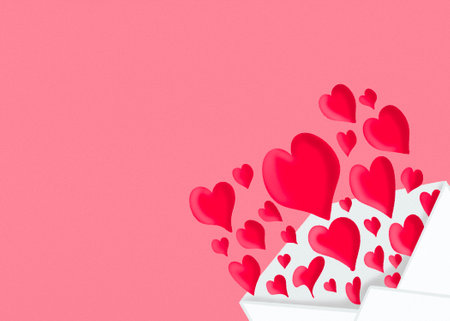 Romantic love letter for Valentine's day. Flat lay illustration on pink background with empty space for text. Happy Valentine's Day.の写真素材