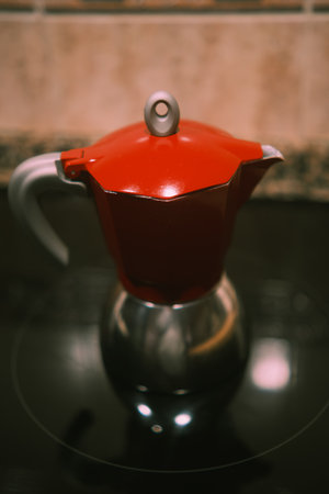 Close up of brewing red mocha coffee at home.の写真素材