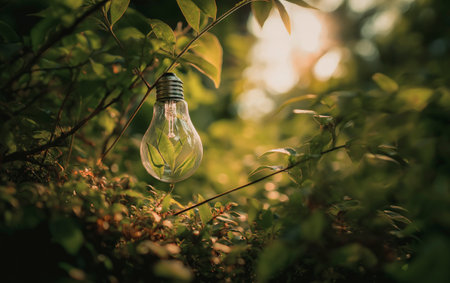 Green plant growing inside a light bulb in the middle of the forest. Green and renewable energy concept. Efficiency and innovation.の素材