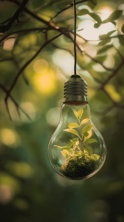 Green plant growing inside a light bulb in the middle of the forest. Green and renewable energy concept. Efficiency and innovation.の素材