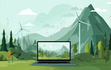 Renewable and sustainable energy Concept. 3D valley with windmills for green energy illustration.の素材