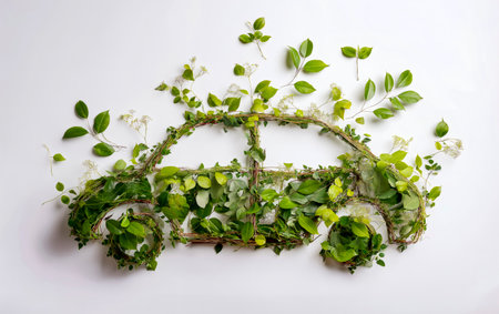Electricity car made from plants against white background. Renewable energy.の素材