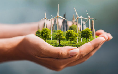 Tiny green world with windmills for renewable energy concept.の素材