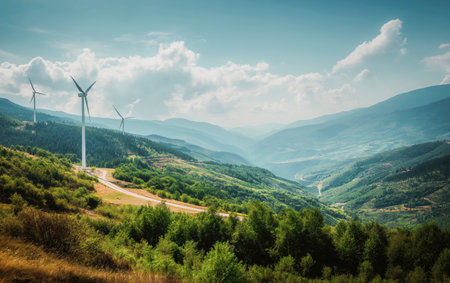 Landscape image of beautiful valley with windmills for energy efficiency concept. Future is green.の素材