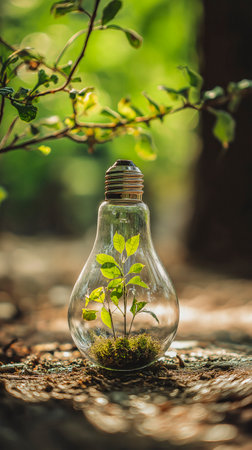 Green plant growing inside a light bulb in the middle of the forest. Green and renewable energy concept. Efficiency and innovation.の素材