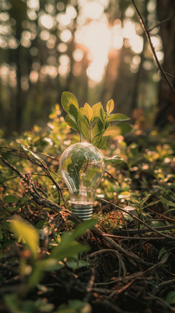 Green plant growing inside a light bulb in the middle of the forest. Green and renewable energy concept. Efficiency and innovation.の素材