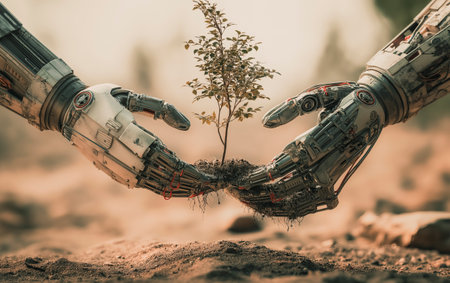 Robot hand taking care of plants. Conceptual image symbolizing sustainability, innovation and harmony between nature and technology. The future is green.の素材