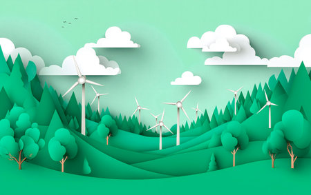 Renewable and sustainable energy Concept. 3D valley with windmills for green energy illustration.の素材