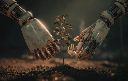 Robot hand taking care of plants. Conceptual image symbolizing sustainability, innovation and harmony between nature and technology. The future is green.の素材