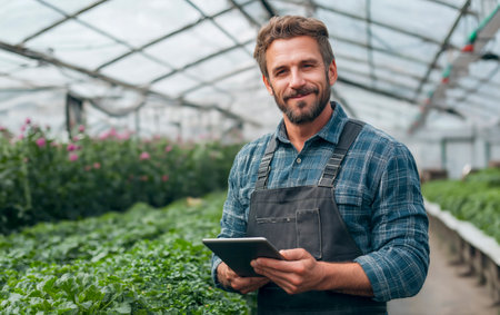 Portrait of friendly farmer man with farm field in the background.の素材