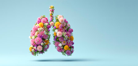 Design of human lungs made of colorful flowers. Allergies, asthma, organ donation and health concept. The harm of smoking to humans.の素材