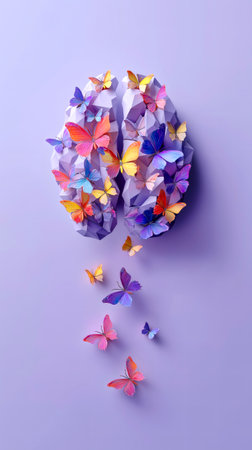 Human brain made of butterflies against purple background. Self care and mental health concept. Creative mind, Alzheimer and dementia.の素材