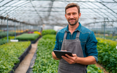 Portrait of friendly farmer man with farm field in the background.の素材