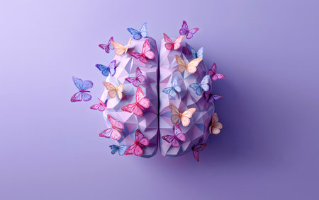 Human brain made of butterflies against purple background. Self care and mental health concept. Creative mind, Alzheimer and dementia.の素材
